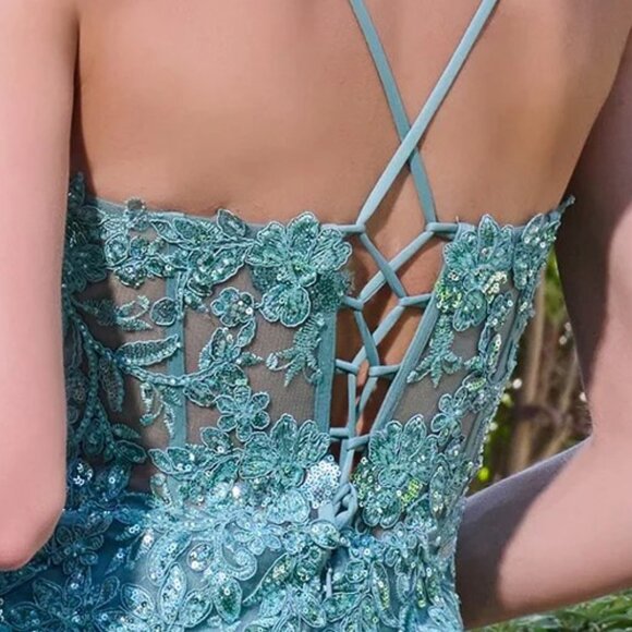 New Floral Lace Embellihsed Maxi Mermaid Tulle Dress w/ Lace Up Back GL3692 - Picture 12 of 14